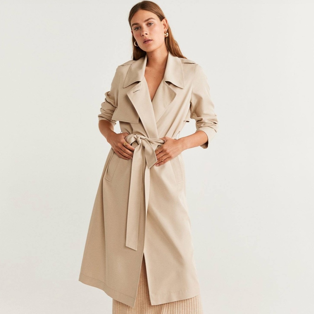 Mango Flowy Lapel Tan Trench Tie Waist Jacket